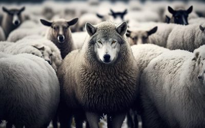 Wolf between sheeps , GEnerative AI illustration