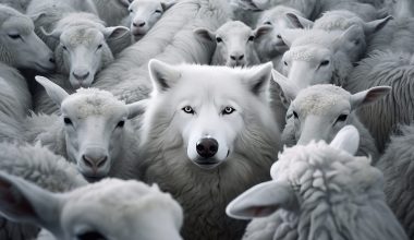 A wolf masquerading as a sheep. Wolf in sheep's clothing concept. Playing a role contrary to their real character with whom contact is dangerous. Generative AI.