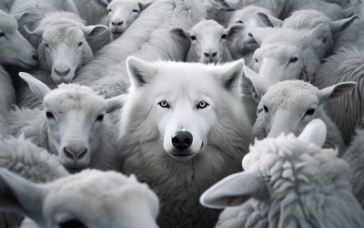 A wolf masquerading as a sheep. Wolf in sheep's clothing concept. Playing a role contrary to their real character with whom contact is dangerous. Generative AI.