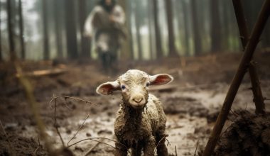 A lamb is stuck in the mud and lost and Jesus the great shepherd is running towards it.