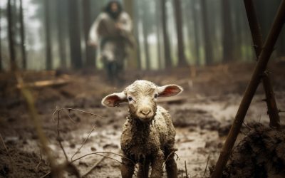 A lamb is stuck in the mud and lost and Jesus the great shepherd is running towards it.